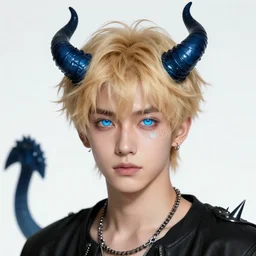 a blond young man with luminescent glittering blue eyes and demon horns and a spiked tail. Trending on artstation