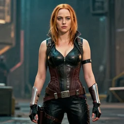 full shot photo of emma stone as a cyberpunk amazon warrior