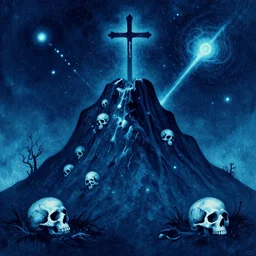 a drawing of a mountain with skulls and a cross, a storybook illustration by rufino tamayo, featured on pixiv, gothic art, cyanotype, cosmic horror, bioluminescence