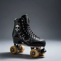 roller derby quad skates, goth design, dynamic angle, studio photograph and lighting
