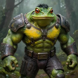 asthetic! macro medium close up shot, rugged anthropomorphic muscular!!!!!!!!! oversized!!!!!!!! hulked!!!! frog as oversized green armored barbarian armored hunter with yellow chest wearing war soldier uniform sci - fi armor in deep forest, foggy, oil painting by frazetta by greg rutkowski by frazetta y louie travis