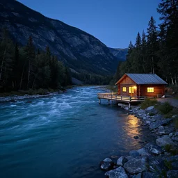 DSLR still of a beautiful mountainside river with a pier and a log cabin at midnight, 4k