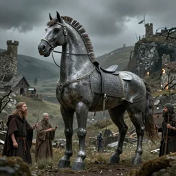 a Trojan horse as if designed and built by a village of witches and shaman during the Iron Age, fantastic realism