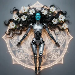 a beautiful intricate fine art portrait photo of an south asian cyborg with cybernetic implants, epic wavy hair spread out around her lined with white hibiscus, lying on a glowing mandala, by anna dittman and ed binkley, masterpiece!, turquoise blue face, mechanical industrial robot body, top view, studio lighting, golden ratio composition, 3 5 mm lens, deep depth of field, artstation, 8 k