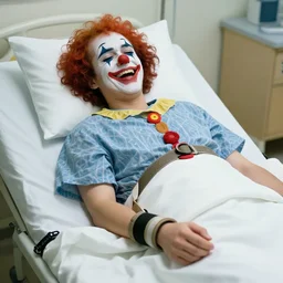 confused laughing clown lying in hospital bed with wrist restraints on, restraints have fabric straps attached to hospital bed, photograph, 8 k