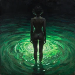 standing in the brine, glowing brine, high detailed beksinski painting, part by adrian ghenie and gerhard richter. art by takato yamamoto. masterpiece, dark, deep colours, green, black