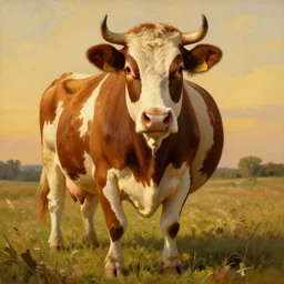 anthropomorphic cow proudly posing for a portrait, painted by rembrandt intricate ultra detailed painting atmospheric lighting golden hour