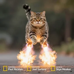 award winning wildlife photography, a fat house cat, midair still shot, launching towards the camera at high speeds, jet propulsion, huge flame exhaust behind cat, high shutter speed, wildlife photography by Paul Nicklen, photography by Joel Sartore, photography by Skye Meaker, national geographic, perfect lighting, blurry background, bokeh