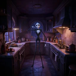 twisted curved perspective digital art of a dim lit kitchen from Tim Burtons Nightmare Before Christmas by  Christopher Balaskas