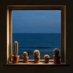 view from inside a house on window with on it's border small cactus in pots and the ocean in background. dim light. by artgerm, wlop, loish, ilya kuvshinov, tony sandoval.