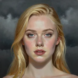 professional painting of Elle Fanning in the style of Wayne Barlowe, head and shoulders portrait, symmetrical facial features, smooth, sharp focus, illustration, intricate, stormy weather, extremely detailed masterpiece,