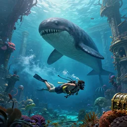A diver is under the sea, he has a treasure with him, he is swimming away from the giant Nessie that is behind hunting him, this is an extravagant planet with wacky wildlife and some mythical animals, the background is full of ancient ruins, the ambient is vivid with a terrifying atmosphere, by Jordan Grimmer digital art, trending on Artstation,
