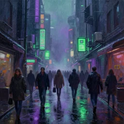 a oil painting of narrow cyberpunk street in rainy night, [ many passers - by ]!!!, crowded!!!!, purple and green neons, heave foggy, sci - fi, wet winter, low angle shot, water reflect, lush detail, cinematic lighting, sharp focus, hyperrealism, volumetric light, by sebastian luca on artstation. 4 k, concept