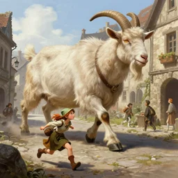 giant goat chasing a halfling woman on the streets of a town, fantasy, highly detailed, digital painting, artstation, concept art, character art, art by greg rutkowski and tyler jacobson and alphonse mucha