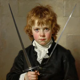 museum painting, close - up, 1 7 years old boy, auburn hair, messy, mischievous face, dressed in 1 8 th century clothes, black, white, near the stone wall, with a fencing sword, sharp focus, highly detailed, digital art, oil painting, masterpiece, artgerm, rutkowski