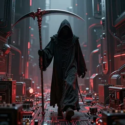 photo of a grimm reaper with a large scythe in his hand walking in a futuristic city in a dystopian future made of electronic components and looks like a giant pcb board. Very detailed 8k. Unreal engine 5 render with nanite, global illumination and path tracing. Emphasize on the colors black and red.