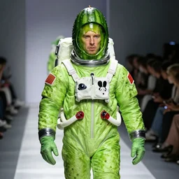 green slimy spotty astronaut suit face benedict cumberbatch, big cucumber with human head!!! on a catwalk