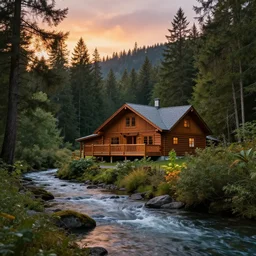 Lodge in the Pacific Northwest forest, incredibly detailed, rendered in octane, river, sunset