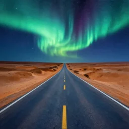 water painting of an endless street in the desert at night, northern lights