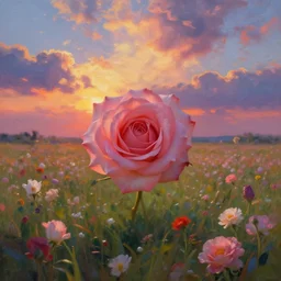 rose head, girl floating in a flower field, surreal photography, sunrise dramatic light, impressionist painting, colorful clouds, digital painting, artstation, simon stalenhag