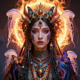 demon goddess close-up portrait tribal slavic princess, jellyfish phoenix dragon, butterfly squid, burning halo, intricate artwork by Tooth Wu and wlop and beeple, greg rutkowski, very coherent symmetrical artwork, cinematic, hyper realism, high detail, octane render, unreal engine, 8k, Vibrant colors, Smooth gradients, High contrast, depth of field, aperture f1.2