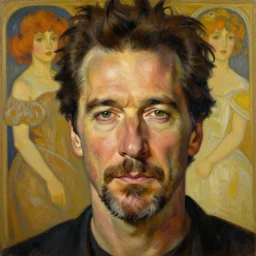 portrait of christopher walken with an eyebrow ring and goatee, masterpiece painting by artgerm and greg rutkowski and alphonse mucha