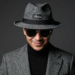 an enigmatic mysterious man, smiling, face unseen by wearing a logo - patch woven fedora and chopard sunglasses, expensive outfit, elegant, casual, intricate