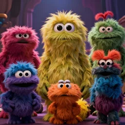 synthetic fur monsters with large eyes, cinematic movie scene, inspired by the movie the fifth element and'fraggle rock ', by kim jung gi