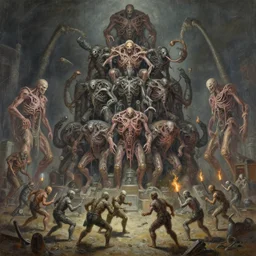 oil paint of 1 1 horrifying machines as autolysis ticks wearing flayed gods, in tiers, colossal medical gangrene machines in tiers, dethroning / we machines / melee, battle pit, by shigeru komatsuzaki, by alberto bontempi, basil gogos, alex ross, wayne d barlowe, stefano tamburini, torch light, muted colors,