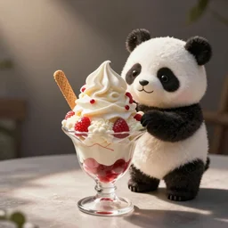 digital realistic detailed art ice cream sundae and kawaii panda