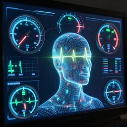 gauges and dials, dashboard, human performance, wireframe body, glowing vector, biosensors,, electrocardiograph, temperature, eye tracking, detailed, octane render, global illumination, future science
