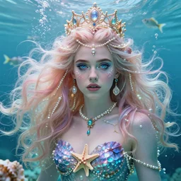 evan rachel wood portrait, fantasy, mermaid, hyperrealistic, game character, underwater, highly detailed, sharp focus, cinematic lighting, pearls, glowing hair, shells, gills, crown, water, highlights, starfish, jewelry, realistic, digital art, pastel, magic, fiction, ocean, king, colorful hair, sparkly eyes, fish, heroic, goddess, waves, bubbles, queen