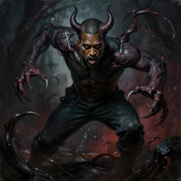 portrait painting of kanye possessed by demons battle the creature from the film malignant, sharp focus, full figure action shot, award - winning, dark fantasy, eerie, the occult, satanic, trending on artstation, masterpiece, highly detailed, intricate. art by josan gonzales and moebius and deathburger