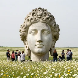 people gathered around an enormous, rococo inspired head in the foreground of a meadow of daises, visible horizon, flat grey sky