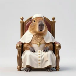 A capybara wearing a pope hat sitting on a throne