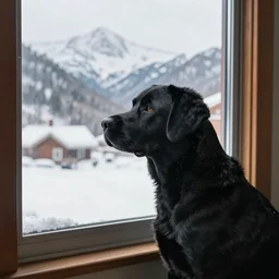 A black Labrador looking outside of a window onto the snowed-in mountains, XF IQ4, 150MP, 50mm, F1.4, ISO 200, 1/160s, natural light
