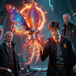 Harry Potter casting spells against Voldemort, high tech, cyberpunk, dystopian, , butterfly squid, burning halo, intricate artwork by Tooth Wu and wlop and beeple, greg rutkowski, , cinematic, hyper realism, high detail, octane render, unreal engine, 8k, Vibrant colors, Smooth gradients, High contrast, depth of field, aperture f1.2