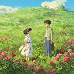rendering of a scene with a meadow full of rosesby makoto shinkai and thomas kinkade, fantasy matte painting, trending on cgsociety and unreal engine, light effect, highly detailed, super wide angle