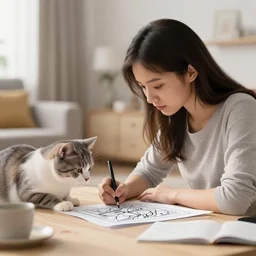 a girl drawing beside cat, living room, intricate, bokeh, masterpiece, cg society, artstation, coherent, octane render, comic book