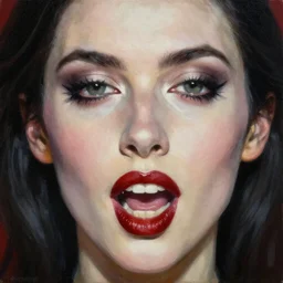 close up face of a beautiful woman with fangs, VAMPIRE portrait, oil on canvas, artgerm, norman rockwell, craig mulins, trending on pxiv,