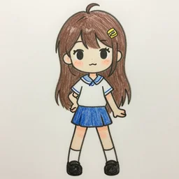 drawn anime girl, cute outfit, posing, crayon art, very silly looking, very anime