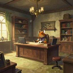 interior of an empty office belonging to a senior member of the kitsune adventurer's guild, anime, a medieval fantasy digital painting by greg rutkowski and james gurney, trending on artstation, highly detailed, colorful