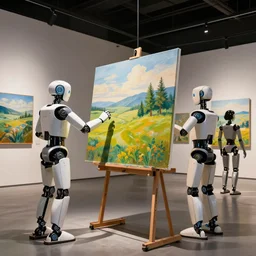 robots painting and drawing landscapes on canvases in a gallery, dramatic lighting, 4 k