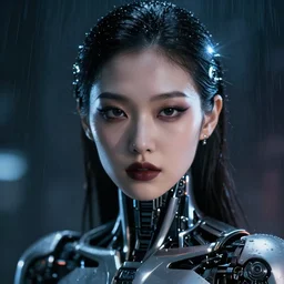 facial portrait of a korean bionic android with dark makeup, dark cyberpunk background, lens flare, rain, deep focus, d & d, intricate, elegant, highly detailed, photo, artstation, blade runner, 8 k, sharp focus, octane, unreal engine 5, global illumination, radiant light