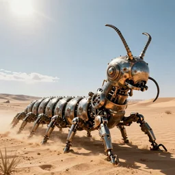 giant robotic steampunk centipede in a desert, extremely detailed, hdr, unreal engine, robotic, retro, beautiful, sunny, intense, cinematic lighting,