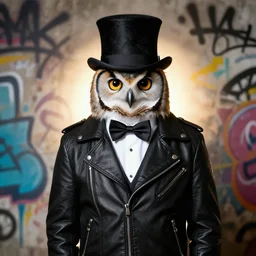one charming looking owl wearing black biker jacket, portrait photo, backlit, wall with graffiti, studio photo, suit, bow tie, tophat, tophat