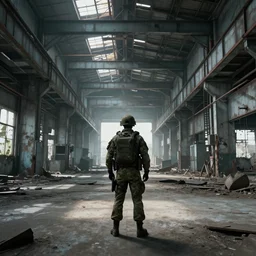 A soldier standing in an abandoned industrial factory, long shot from back, digital art, high quality, trending on ArtStation