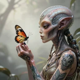 tattooed female alien looking at a butterfly, soft natural light, intricate, highly detailed, digital painting, artstation, concept art, smooth, sharp focus, illustration, art by greg rutkowski and craig mullins and uang guangjian and gil elvgren, symmetry!