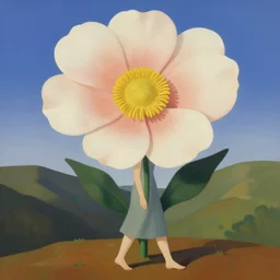 a giant flower has the body of a woman, she is walking between hills, surreal, flat light, painting, digital painting, artstation, georgia o'keeffe
