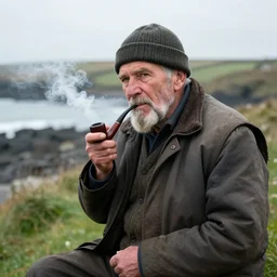 an old cornish fisherman, smoking a pipe
